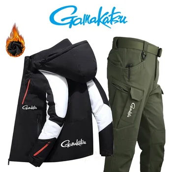 Gamakatsu חדש לגברים מעובה חורף חם דיג להגדיר חיצונית Windproof ברדס לבן ברווז למטה ז ' קט+מכנסיים טקטיים דיג להגדיר