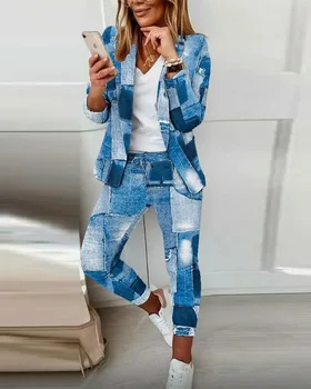 נשים בלייזר מתאים להגדיר אישה 2 חתיכות ג ' ינס נראה הדפסה צעיף צווארון מעיל מכנסיים להגדיר נשי אופנתי בגדים מזדמן 2022