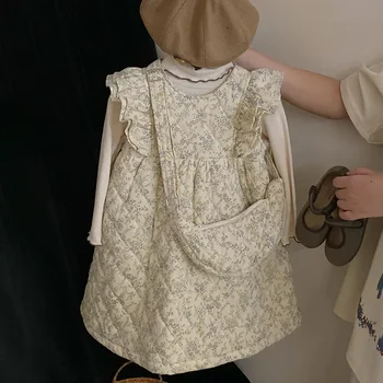 קוריאני סתיו חורף ילד בנות 3PCS בגדים להגדיר את צווארון החולצה לפרוע פרחוני כותנה מרופד השמלה תיק הנסיכה בל מתאים