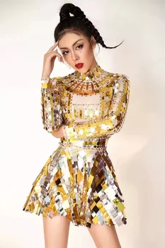 סינגר מראה השמלה נוצצת של זהב נצנצים בגד גוף שמלה הבמה לרקוד לובש ריינסטון תחפושת שרוול ארוך