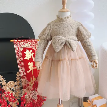 בנות הלבוש בחורף התינוק קשת קשר קטיפה רשת חוט קשתות פשוטה הילדים בגדים חמים חורף חדש 2023 אופנה
