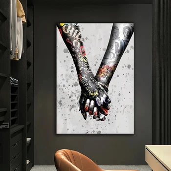 מחזיקים ידיים זוגות אוהבים גרפיטי ידיים בד ציור מופשטת אמנות הקיר כרזה, הדפסת יצירות אמנות מודרנית עבור עיצוב חדר בבית