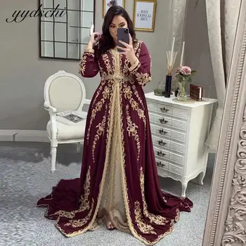 2023 בורגנדי שרוולים ארוכים מרוקאי גלימה שמלת ערב אלגנטית נשים רשמית מפלגה שמלת אפליקציה גלימות דה לנשף בתוספת גודל הנשף