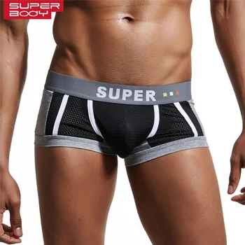 Superbody סקסי Mens תחתוני בוקסר U קמור עיצוב הפין, שק רשת טלאים, תחתוני גברים, תחתונים לנשימה זכר תחתונים