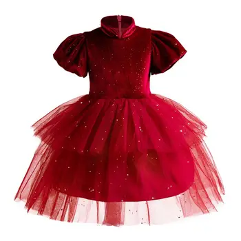 ילדה שמלות של ילדים חדש בסגנון סיני שמלת החתונה עומד צווארון נסיכה שמלות קטיפה אדומה שמלת ערב בגדי ילדים