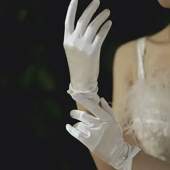 אנטי UV אלגנטי חמש אצבעות לוליטה JK עבור בנות סאטן מלא כפפות אצבע פרל נשים כפפות חתונה קוריאנית נהיגה כפפות