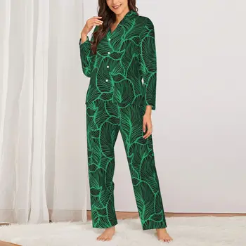 טרופי הדפסה פיג ' מות סט עלים ירוקים אופנה הלבשת לילה נשים שרוול ארוך בציר פנאי 2 חתיכות Nightwear גודל גדול 2XL