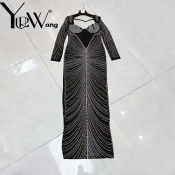 Yuerwang הנשים שמלה ארוכה שרוולים יהלומים שחור סקסי רשת שמלות וינטג ' מבט ארוך שמלות ערב לנשים 2024 חדש