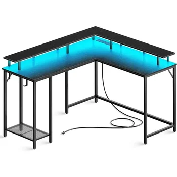 בצורת משחקי שולחן עם שקעי חשמל & נורות LED, שולחן מחשב עם צג עמוד & אחסון מדף