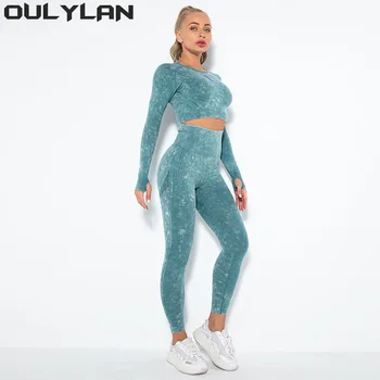 Oulylan פועל חותלות אימון פן חלקה יוגה להגדיר ספורט כושר מתאים כושר בגדים שרוול ארוך גזורה חולצות גבוהה המותניים