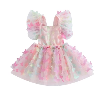 התינוק שמלת ילדה, עופי שרוול צוואר מרובע ללא משענת לקשור קו-שמלה פרפר/שוויצרי נקודות טול שמלה