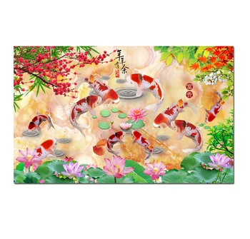 מודרנית, פנג שואי פרחי לוטוס דג הזהב ציור קנבס הדפסת פוסטרים אמנות קיר עיצוב תמונות מודפסות על הסלון HYL1240