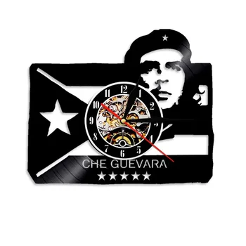 צ ' ה גווארה דיוקן עם קובני דגל קובה המהפכה התקליט ויניל שעון קיר הסוציאליסטית קיר שעון בעיצוב מערת האדם אמנות קיר