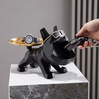 בולדוג צרפתי פסל בית קישוט עם מגש גדול בפה הכלב פסל תיבת אחסון שרף חיה פסלון סלון עיצוב מתנה