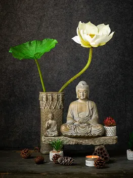 שולחן העבודה קישוט קרמיקה פרחים מלאכותיים הסלון LotusVintage פסל בודהה אגרטל נוף בריכה בריכת דגים MicroLandscape