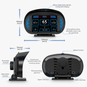 P2 המכונית האד Head-Up Display OBD GPS ברכב מהירות ושיפוע מטר טמפרטורת המים וצריכת דלק