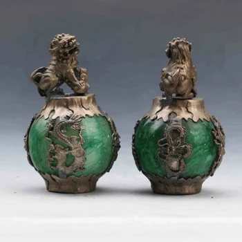 מעולה סיני כסף הדרקון משובץ ירוק ג ' ייד יד מגולף זוג פסל האריה