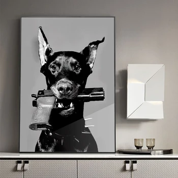 שחור לבן דוברמן האקדח אופנה יוקרה פוסטר קנבס ציור של חיה כלב אמנות קיר תמונה עבור הסלון לעיצוב הבית ציורי קיר