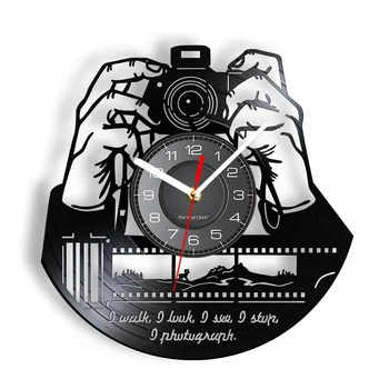 ידיים על מצלמה מצלמה שעון קיר צלמים התקליט ויניל שעון קיר צילום סטודיו לוגו הצלם Shutterbugs מתנה