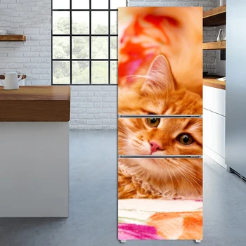 חתולה יפה להדפיס מדבקות הדלת לכסות את המקרר דבק טפטים המקפיא ויניל עיצוב כיף מדבקות קיר אמנות המטבח