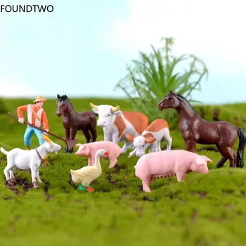 חקלאי העובד דמויות חזיר, סוס, פרה ברווז כבשה עז מיניאטורות חיה מיני מודל פסלון פיית גן בונסאי DIY Decors