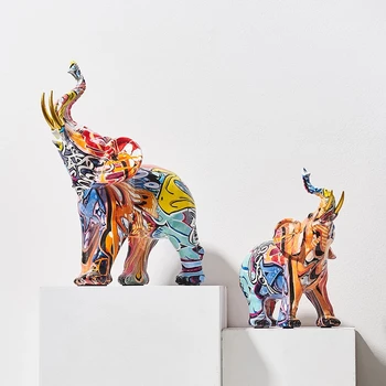 גרפיטי צבעוני ציור הפיל פיסול צלמית אמנות פיל פסל יצירתי שרף מלאכות הבית מרפסת שולחן עבודה עיצוב