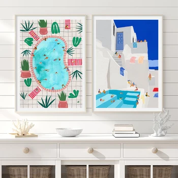 תקציר הנוחות בריכת שחייה בצבעי מים כרזות בד ציור קיר אמנות הדפס תמונות פנים סלון עיצוב הבית