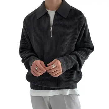 גברים סוודר דש SKnitted רופף ארוך השרוול רוכסן חם Pullober אמצע אורך סוודר