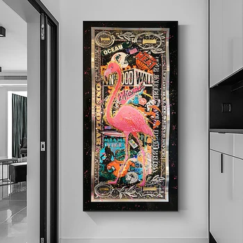 גרפיטי פלמינגו על הזהב דולר אמנות מופשטת מדפיס כסף התמונה על בד ציור קיר פוסטרים עבור הסלון קישוט