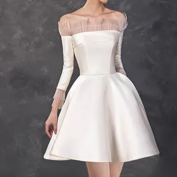 קצר רשמי שמלות ערב לבן מיני את כתף סאטן לנשף סיום שמלות שרוול ארוך שמלת החתונה