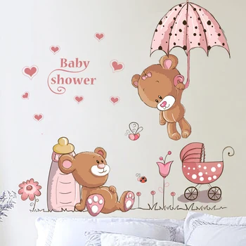 קריקטורה דוב חמוד התינוק מדבקות קיר מטריה סיעוד בקבוק בנות חדר השינה לתינוק warobe קישוט קיר אמנות חיה רישוי.