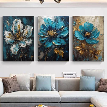 פרח כחול ציור על בד טורקיז וזהב אמנות קיר קנבס, פוסטרים, הדפסות עבור משרדי הקיר בסלון עיצוב להוציא מהמסגרת