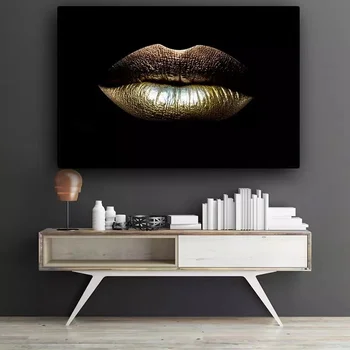 נורדי סקסי שחור זהב וכסף השפתיים אמנות הקיר תלויים ציורים לקישוט הבית הדפסים, פוסטרים אמנות ציורי בד