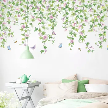 פאר הבוקר קש מדבקות קיר נשלפת גפן ענפים ירוקים עלים צמח פרח טפט מדבקה DIY ציור קישוט
