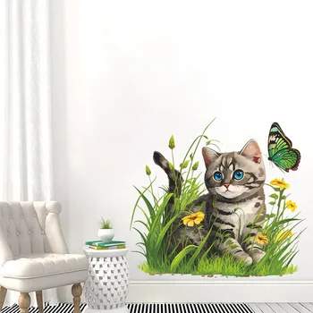 1pc תבנית חתול קיר מדבקה חתול בדשא דפוס קיר DecalBackground קיר קישוט וטיפוח