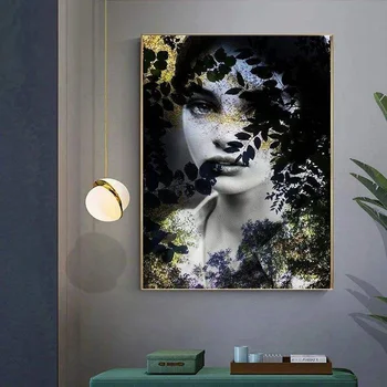 דיוקן אישה הפנים כהה עם עלים כרזות הקיר הדפסי אמנות מודרנית הגברת נוף בד ציור בסלון עיצוב הבית תמונות