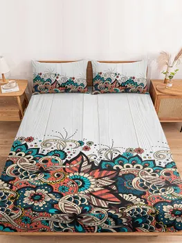 מנדלה תבנית עץ גרגרים מצויד במיטה גיליון מכסה רצועת גומי נגד החלקה למזרן מגן על יחיד, מיטה זוגית קינג