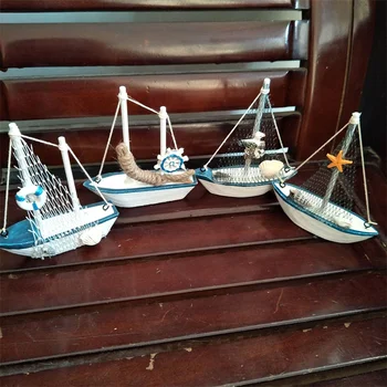 מיני בסגנון ים תיכוני ימיים ימיים עץ כחול מפליגה הספינה עץ מלאכת יד הים קישוטים למסיבה חדר קישוט הבית