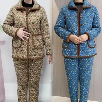 בחורף פיג ' מה גיל העמידה Loungewear קשישים מעיל כותנה אמא קטיפה שני חלקים סט 2024 חדש גודל גדול Homeswear החליפה Pijamas