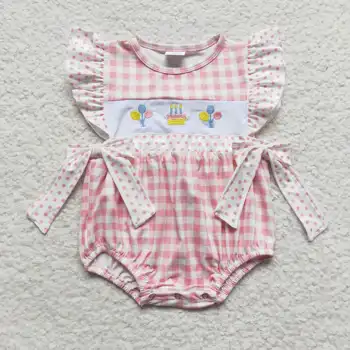 2023 עדכון חדש RTS יום הולדת התינוק בנות משובצות רומפר תינוקות ורוד אוברול בגד גוף תינוק רקמה בגדים