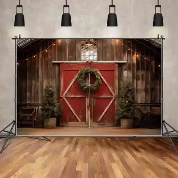 מון.QG רקע חג המולד, אורות מחרוזת זר אדום הדלת שער עץ הביתה רקע ילדים קרש עץ מסיבת קיר תא צילום