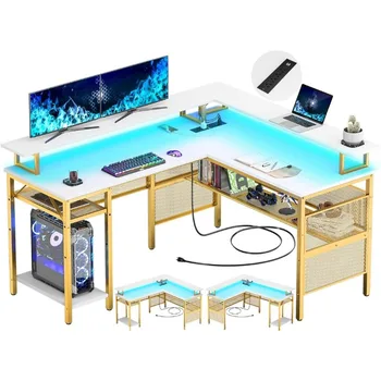 שולחן כתיבה בצורת L עם LED הרצועה ואת שקעי חשמל, הפיכה פינה שולחנות מחשב עם צג עמוד אחסון מדף